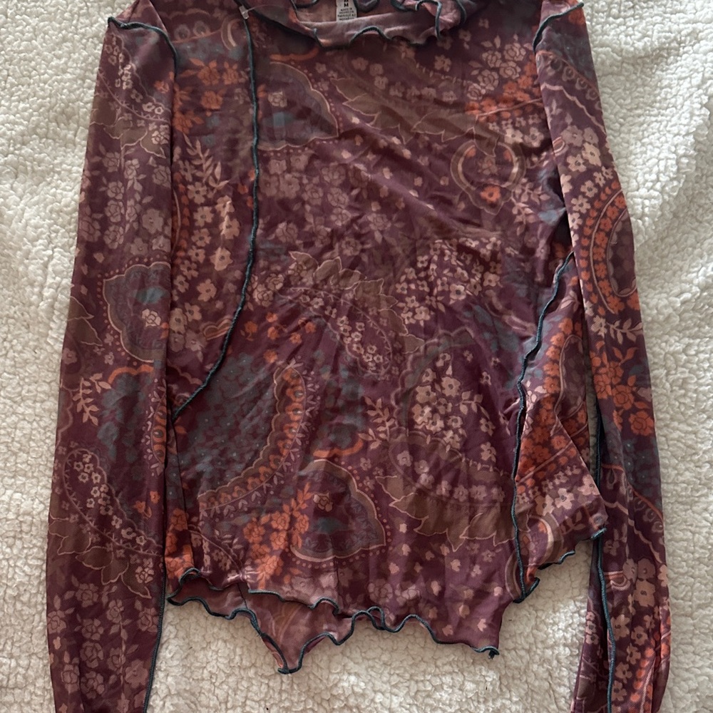 Urban Outfitters Burgundy Floral Mesh Blouse
